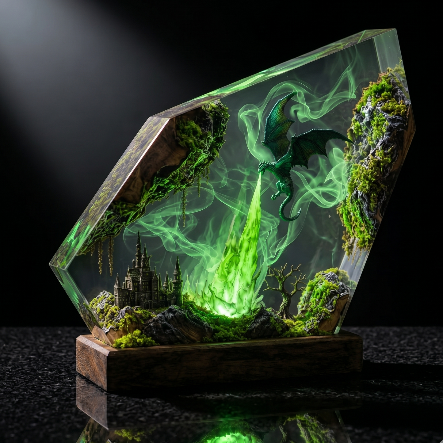 Emerald Dragon Resin Lamp – Handmade Fantasy Night Light & Forest Kingdom Decor