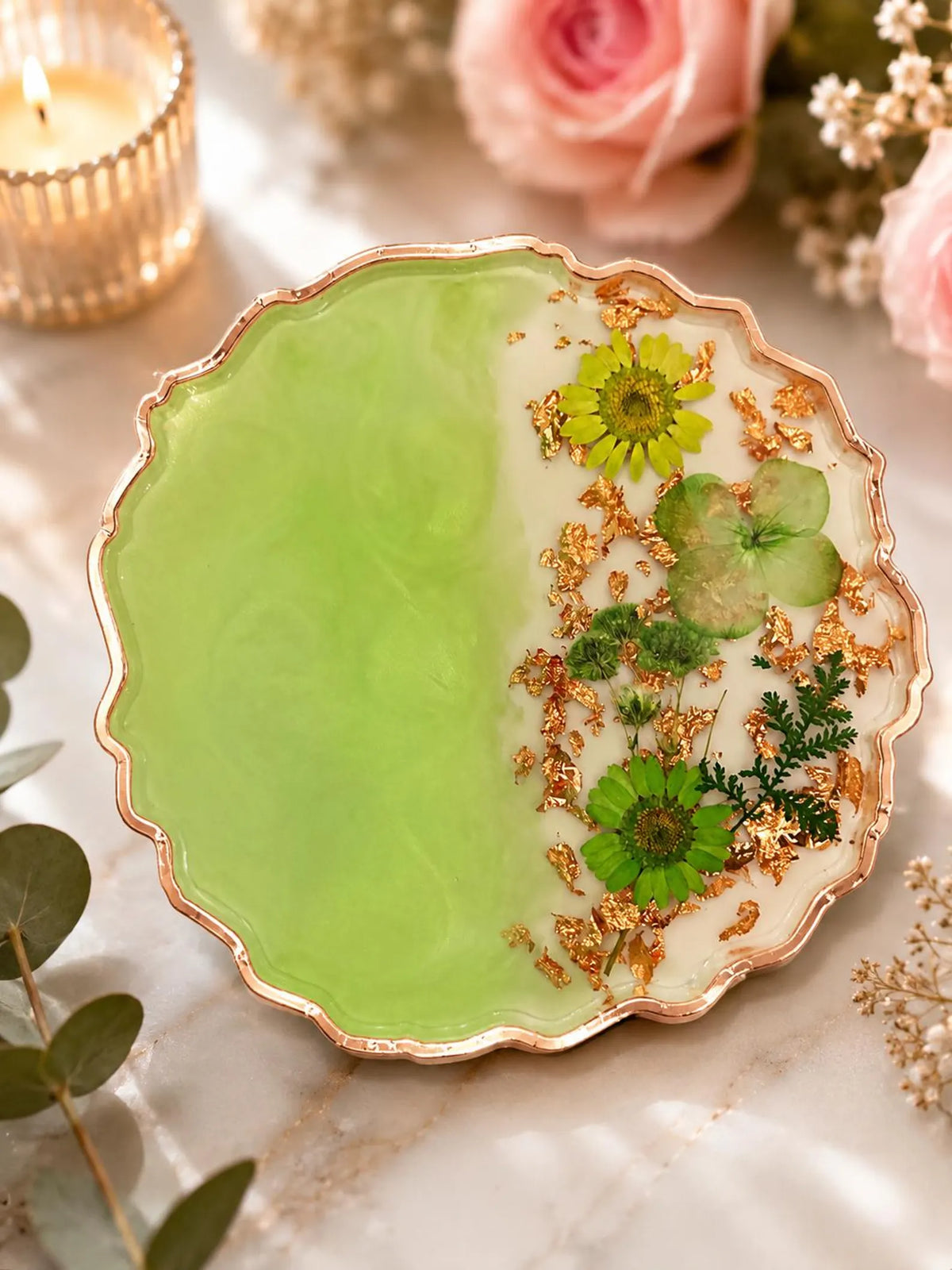 Floral Resin Coaster Set, Pressed Flower Gold Flake, Handmade Home Decor Holder, Elegant Design