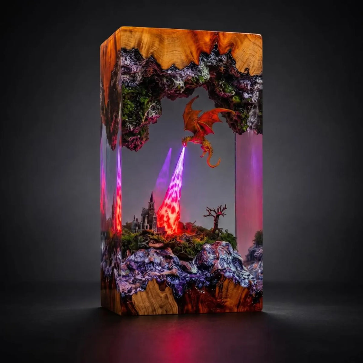 Fire Breathing Dragon Resin Lamp, Volcano Epoxy Night Light, Gothic Castle Fantasy Desk Decor