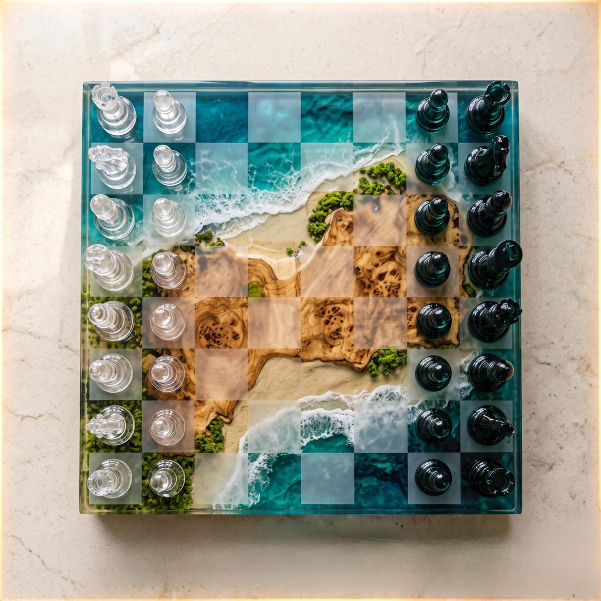 Ocean Resin Chess Set with Natural Wood, Moss and Handmade Teal Epoxy Board Design