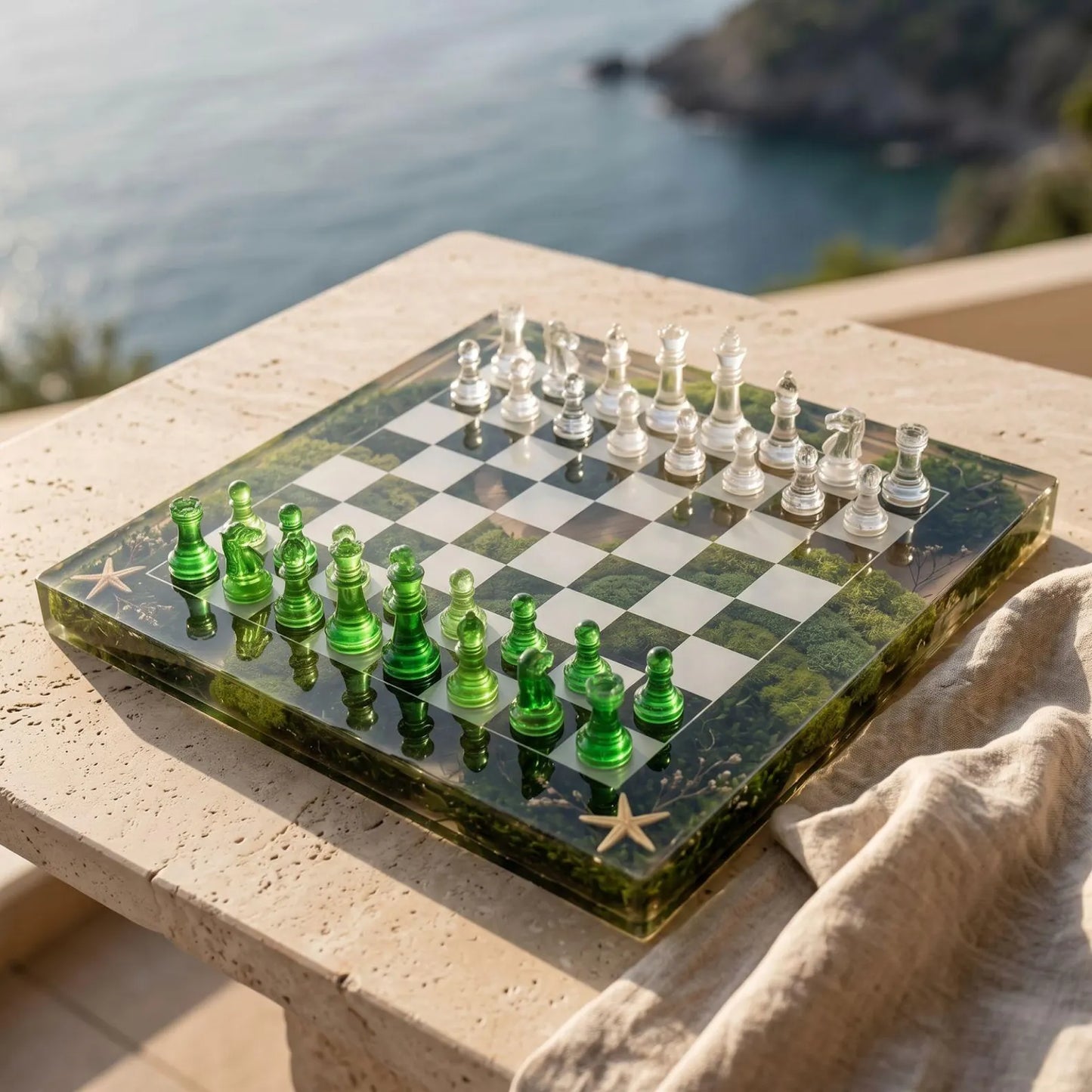 Luxury Clear Resin Chess Set with Moss, Starfish and Emerald Glass Chessboard Handmade Design