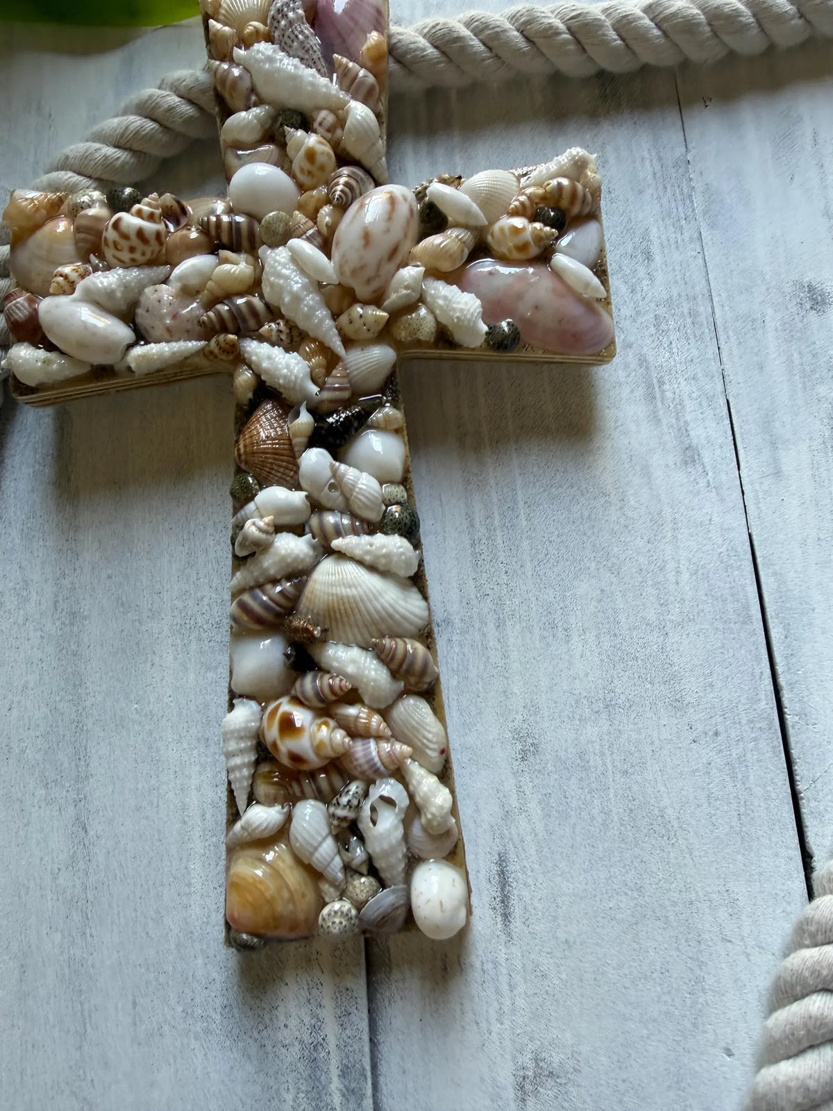 Resin Shell Cross, Handmade Coastal Christian Wall Decor, Beach House Religious Home Accent, Ocean Inspired Decoration