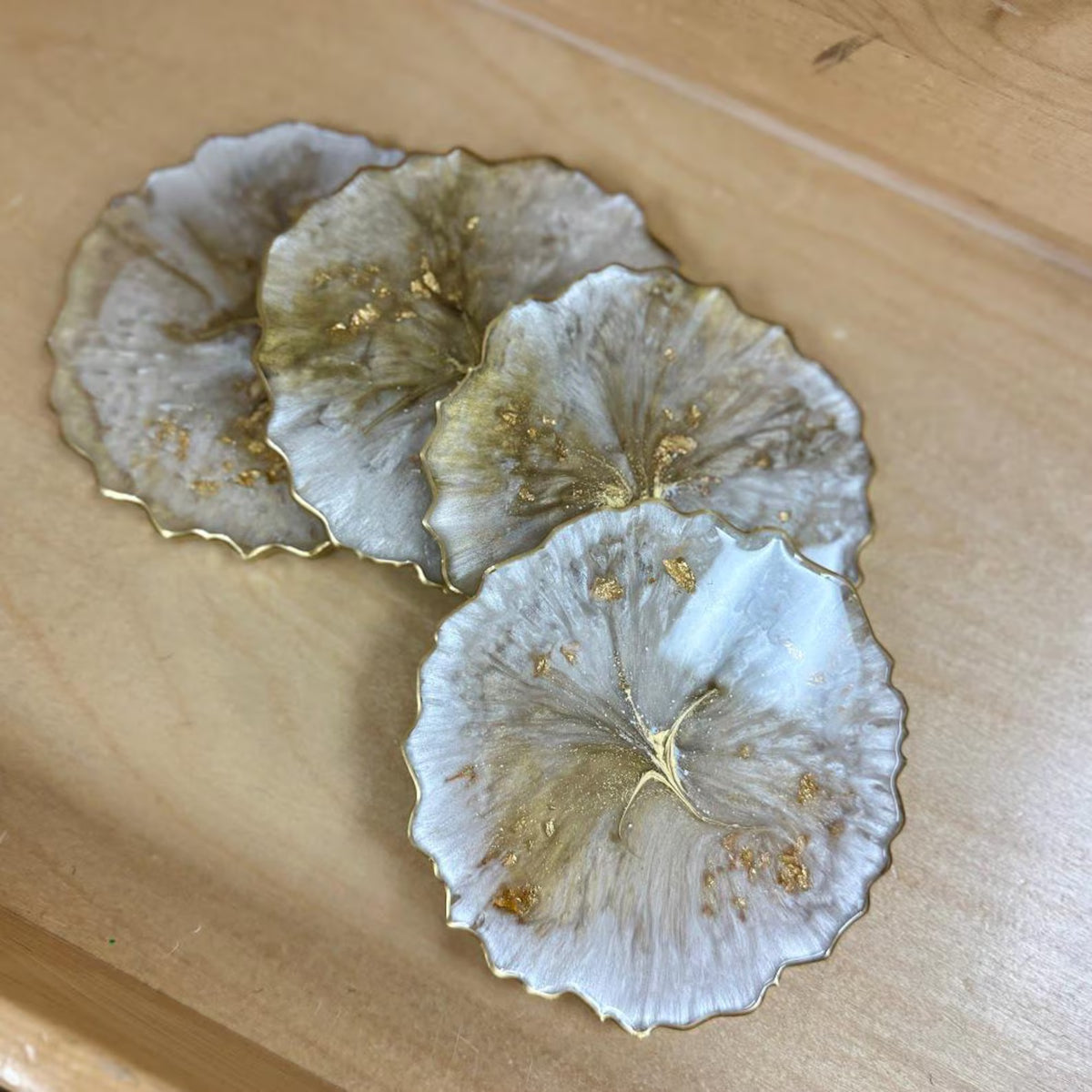 Pearl Geode Resin Tray, Gold Accent Serving Tray with Four Handmade Coaster Set Decor