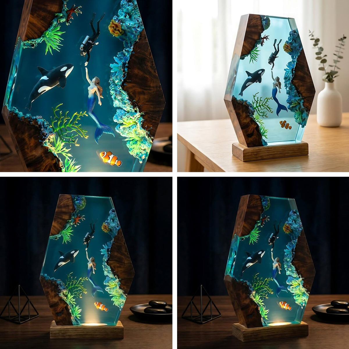 Handmade Resin Ocean Lamp Deep Sea Diorama Mermaid Orca Clownfish Wood Night Light Decor