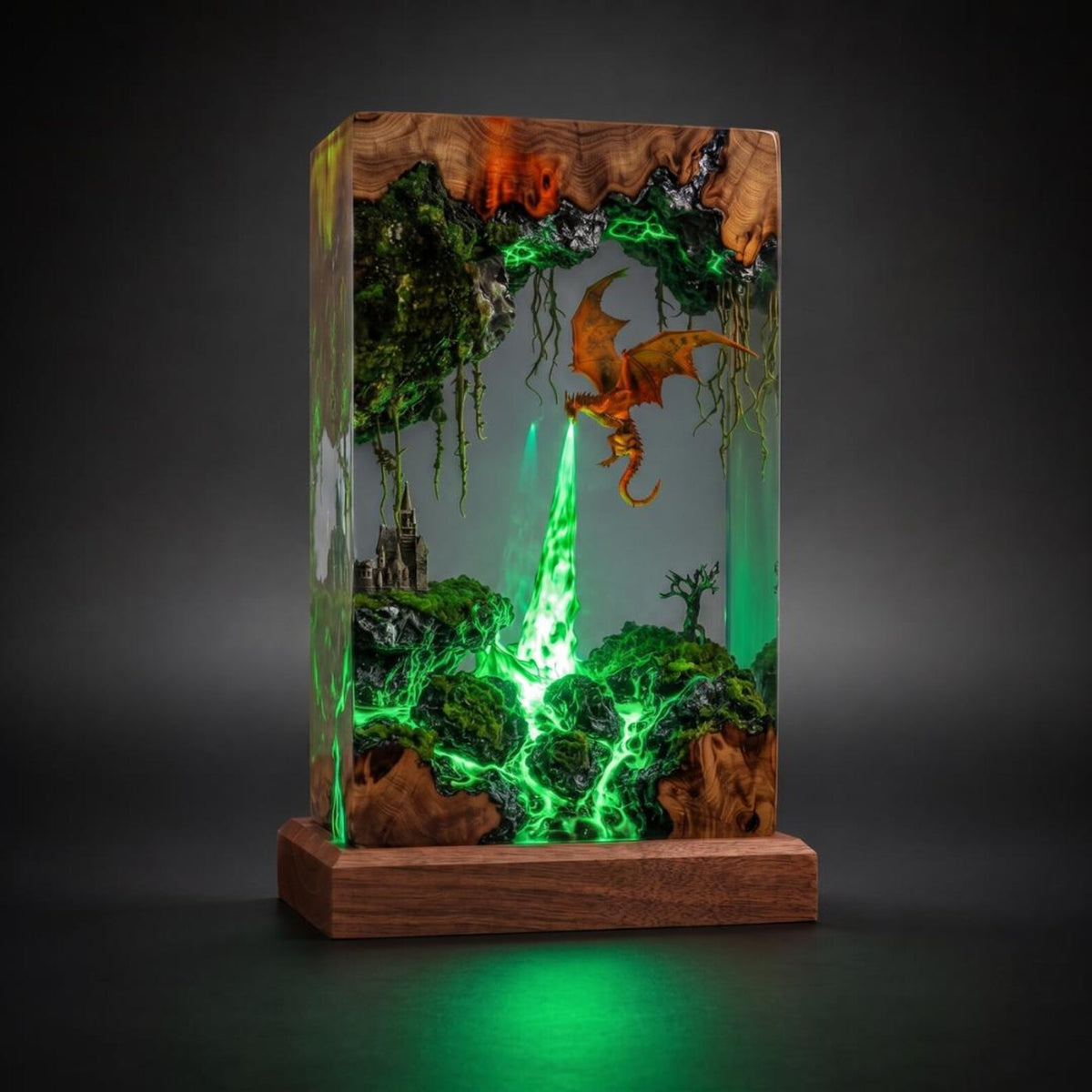 Fire Breathing Dragon Resin Lamp, Volcano Diorama Night Light, Gothic Castle Desk Decor, Dragon Statue