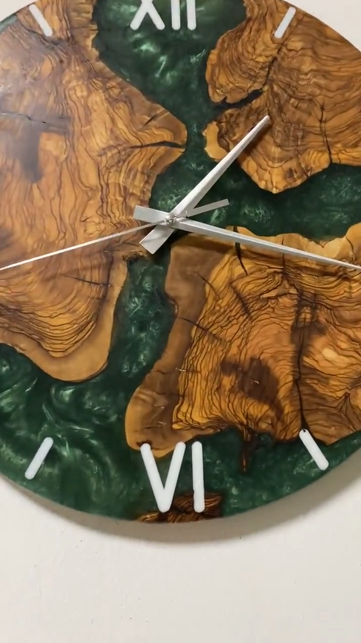 Handcrafted Olive Wood Resin Wall Clock, Green Epoxy Live Edge Rustic Modern Home Decor