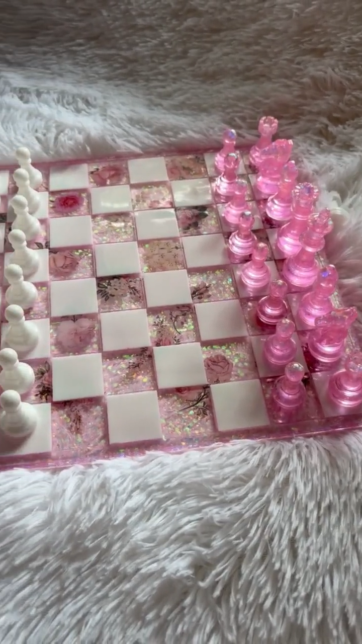 Handmade Pink Resin Chess Set with Elegant Epoxy Board and Artistic Crystal Chess Pieces
