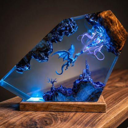 Arcane Frost Dragon Resin Lamp – Handmade Fantasy Magic Night Light