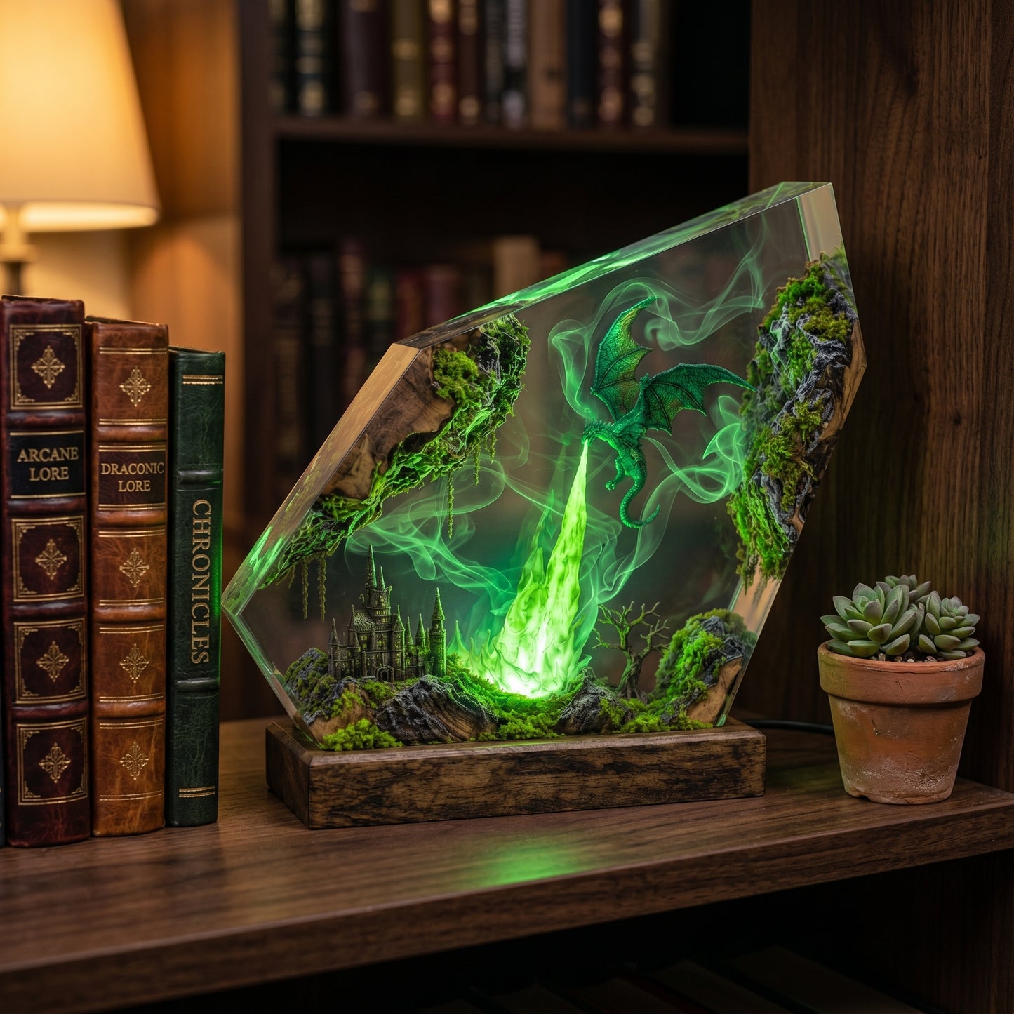Emerald Dragon Resin Lamp – Handmade Fantasy Night Light & Forest Kingdom Decor