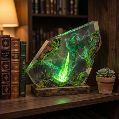 Emerald Dragon Resin Lamp – Handmade Fantasy Night Light & Forest Kingdom Decor