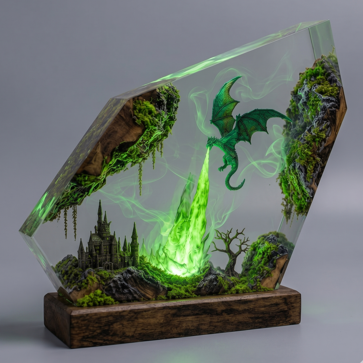 Emerald Dragon Resin Lamp – Handmade Fantasy Night Light & Forest Kingdom Decor