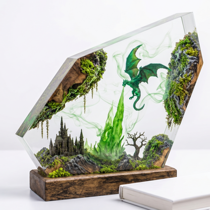 Emerald Dragon Resin Lamp – Handmade Fantasy Night Light & Forest Kingdom Decor