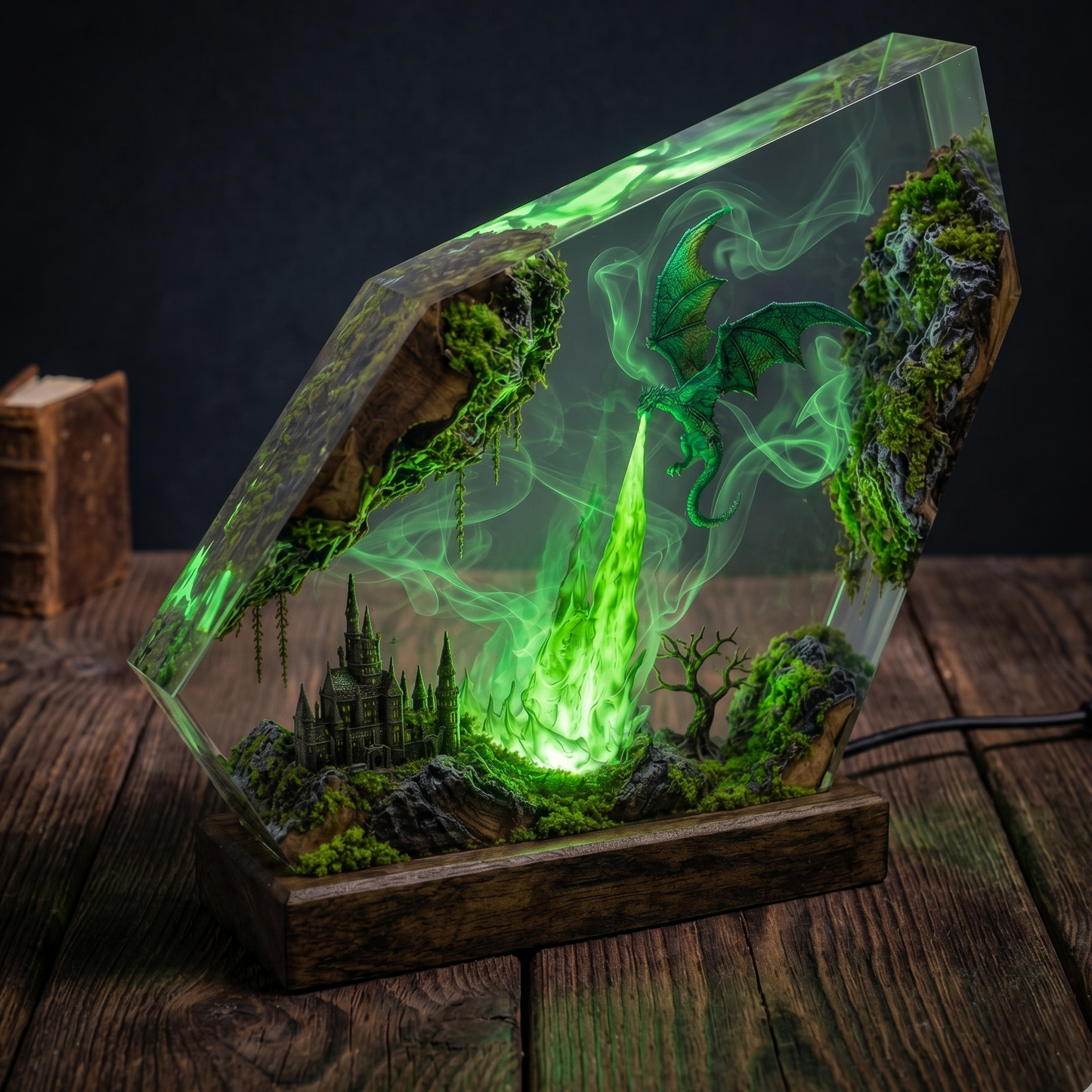 Emerald Dragon Resin Lamp – Handmade Fantasy Night Light & Forest Kingdom Decor