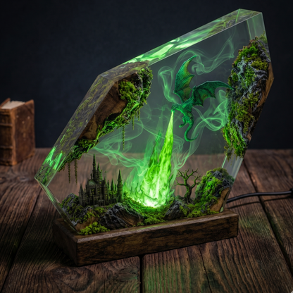 Emerald Dragon Resin Lamp – Handmade Fantasy Night Light & Forest Kingdom Decor