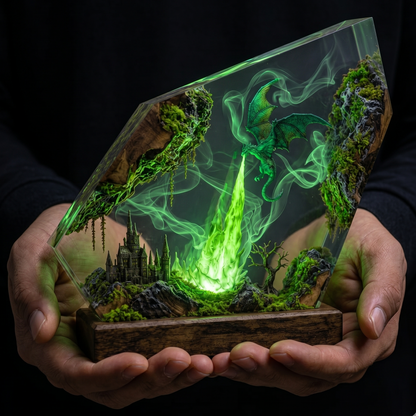 Emerald Dragon Resin Lamp – Handmade Fantasy Night Light & Forest Kingdom Decor