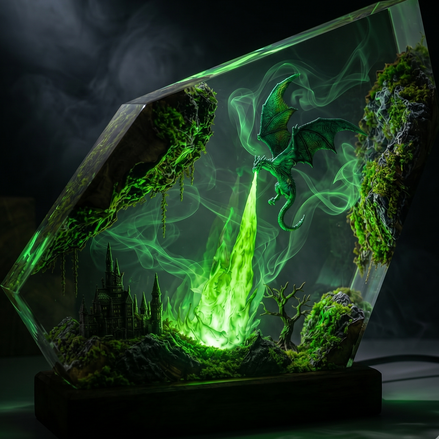 Emerald Dragon Resin Lamp – Handmade Fantasy Night Light & Forest Kingdom Decor