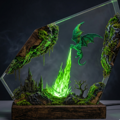 Emerald Dragon Resin Lamp – Handmade Fantasy Night Light & Forest Kingdom Decor