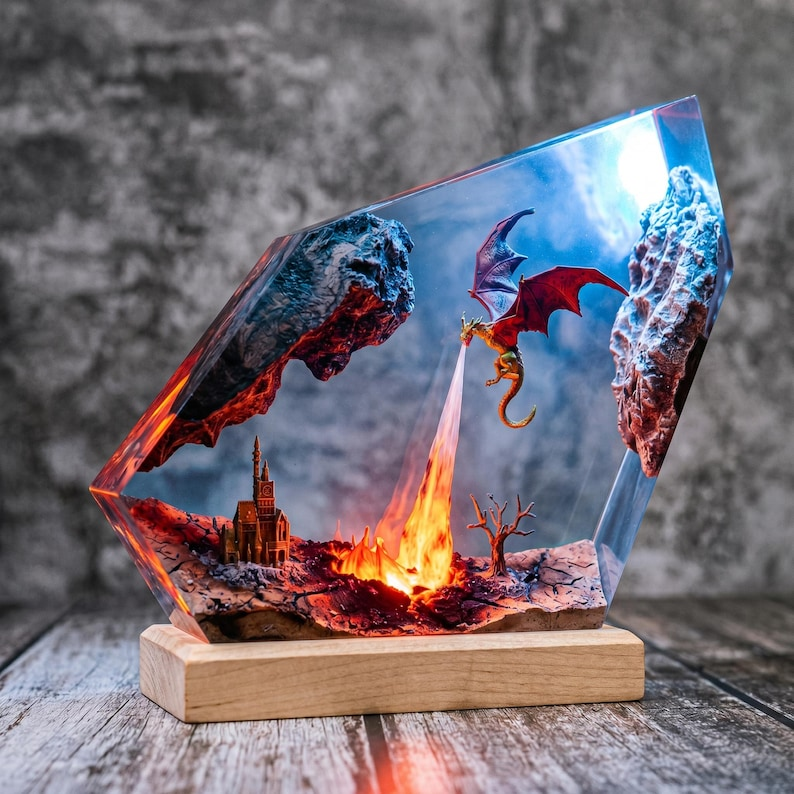 Dragon Resin Lamp, Fire Breathing Dragon Night Light, Fantasy Gaming Room Decor, Handmade Table Lamp, Unique Gift for Him