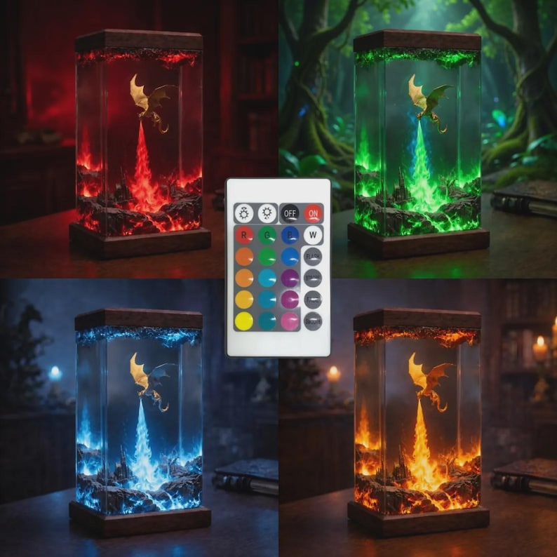Dragon Resin Lamp, Fire Breathing Dragon Night Light, Fantasy Gaming Room Decor, Handmade Table Lamp, Unique Gift for Him