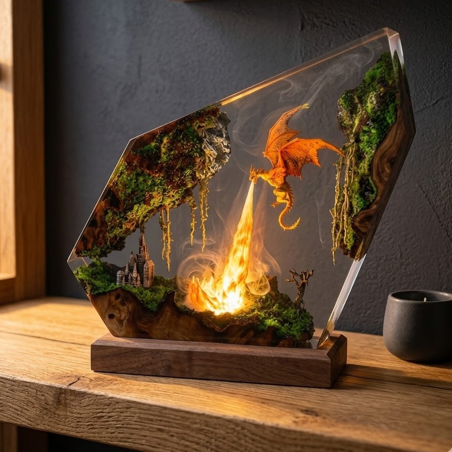 Fire Dragon Resin Lamp – Floating Kingdom Fantasy Decor & LED Night Light