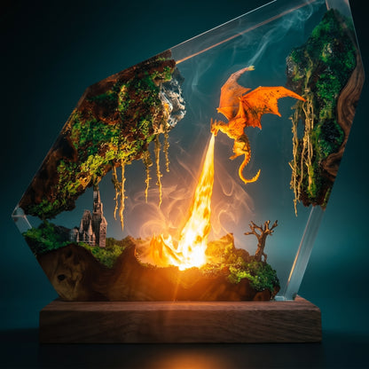 Fire Dragon Resin Lamp – Floating Kingdom Fantasy Decor & LED Night Light