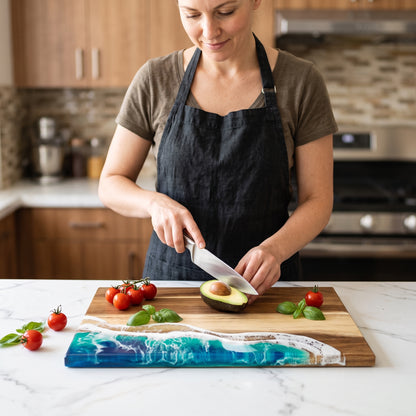 Handmade Ocean Resin Charcuterie Board – Acacia Wood Serving Board – Beach Wave Epoxy Resin Cheese Board – Coastal Kitchen Decor & Housewarming Gift
