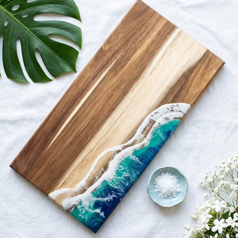Handmade Ocean Resin Charcuterie Board – Acacia Wood Serving Board – Beach Wave Epoxy Resin Cheese Board – Coastal Kitchen Decor & Housewarming Gift