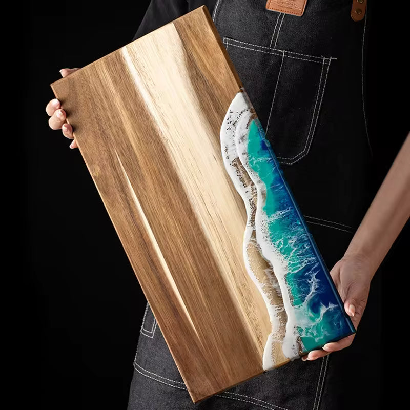 Handmade Ocean Resin Charcuterie Board – Acacia Wood Serving Board – Beach Wave Epoxy Resin Cheese Board – Coastal Kitchen Decor & Housewarming Gift