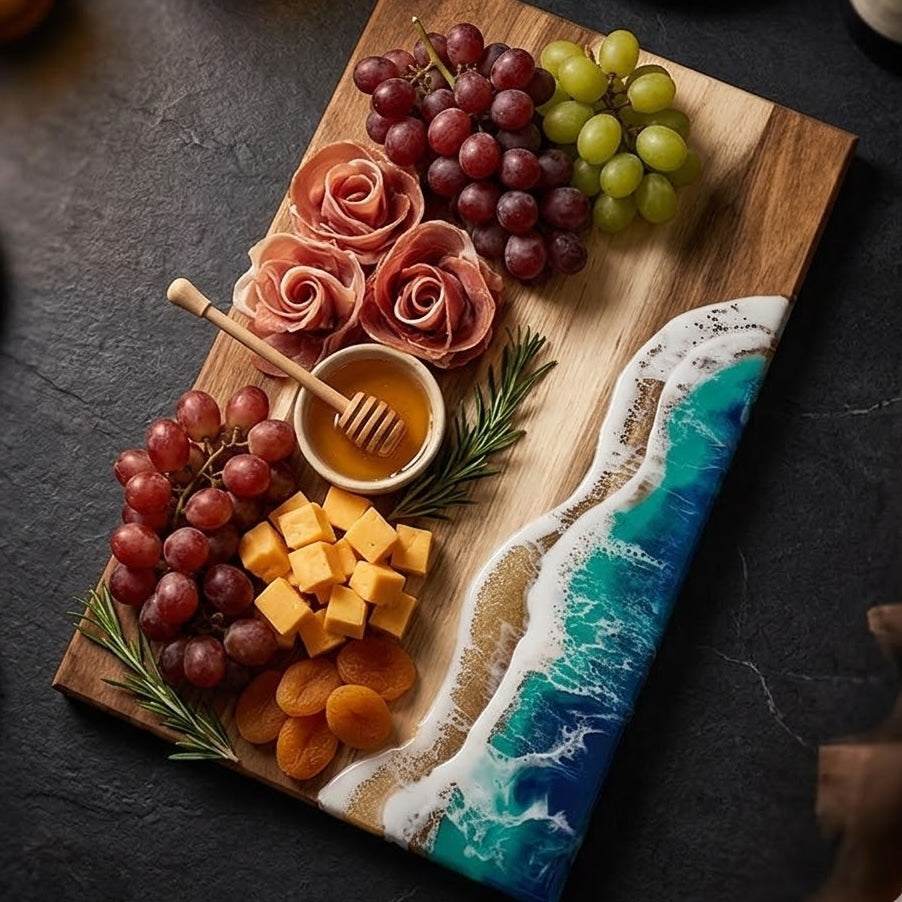 Handmade Ocean Resin Charcuterie Board – Acacia Wood Serving Board – Beach Wave Epoxy Resin Cheese Board – Coastal Kitchen Decor & Housewarming Gift