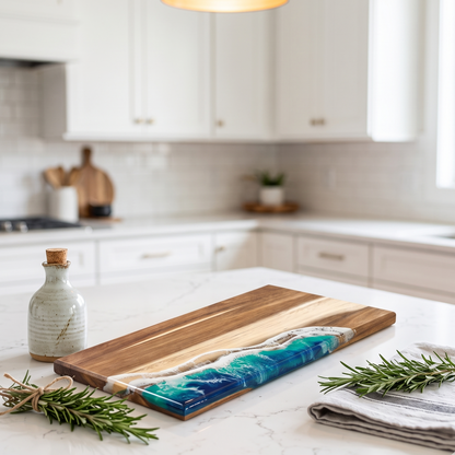 Handmade Ocean Resin Charcuterie Board – Acacia Wood Serving Board – Beach Wave Epoxy Resin Cheese Board – Coastal Kitchen Decor & Housewarming Gift