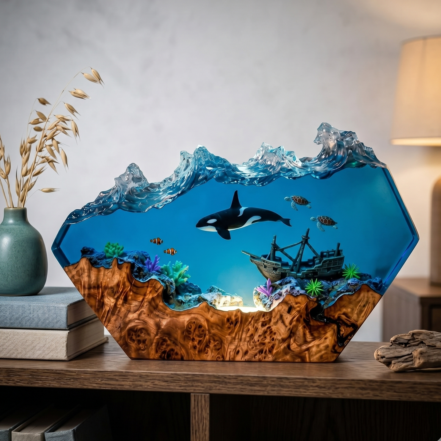 Orca Resin Lamp – Handmade Ocean Night Light, Coastal Decor & Shipwreck Art