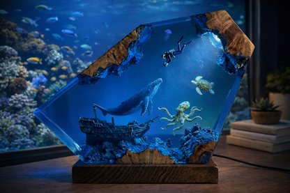 Deep Ocean Adventure Resin Lamp – Handmade Whale Night Light & Coastal Decor