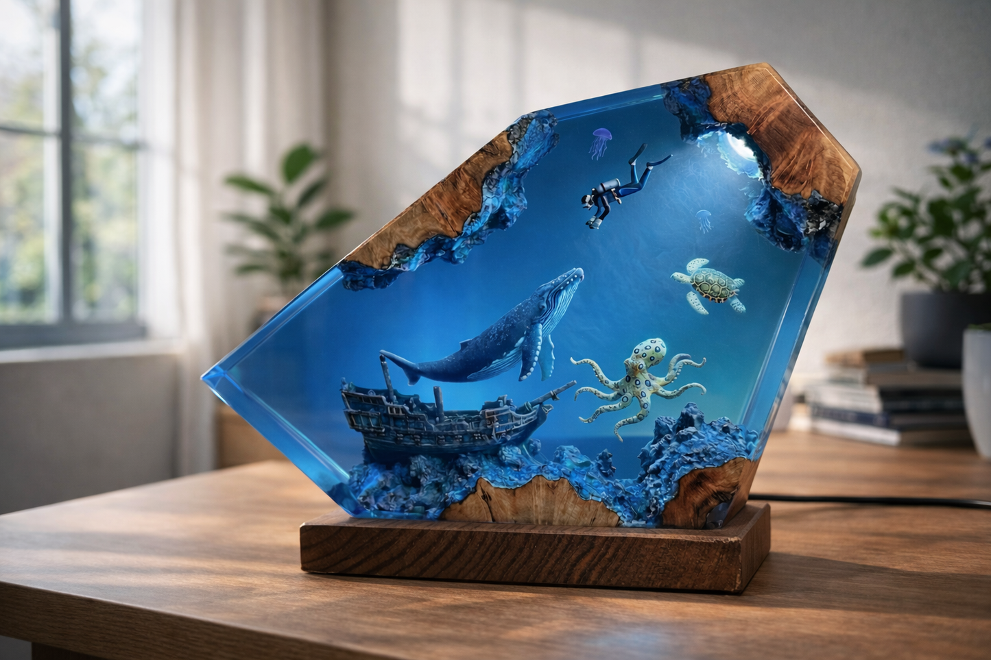 Deep Ocean Adventure Resin Lamp – Handmade Whale Night Light & Coastal Decor