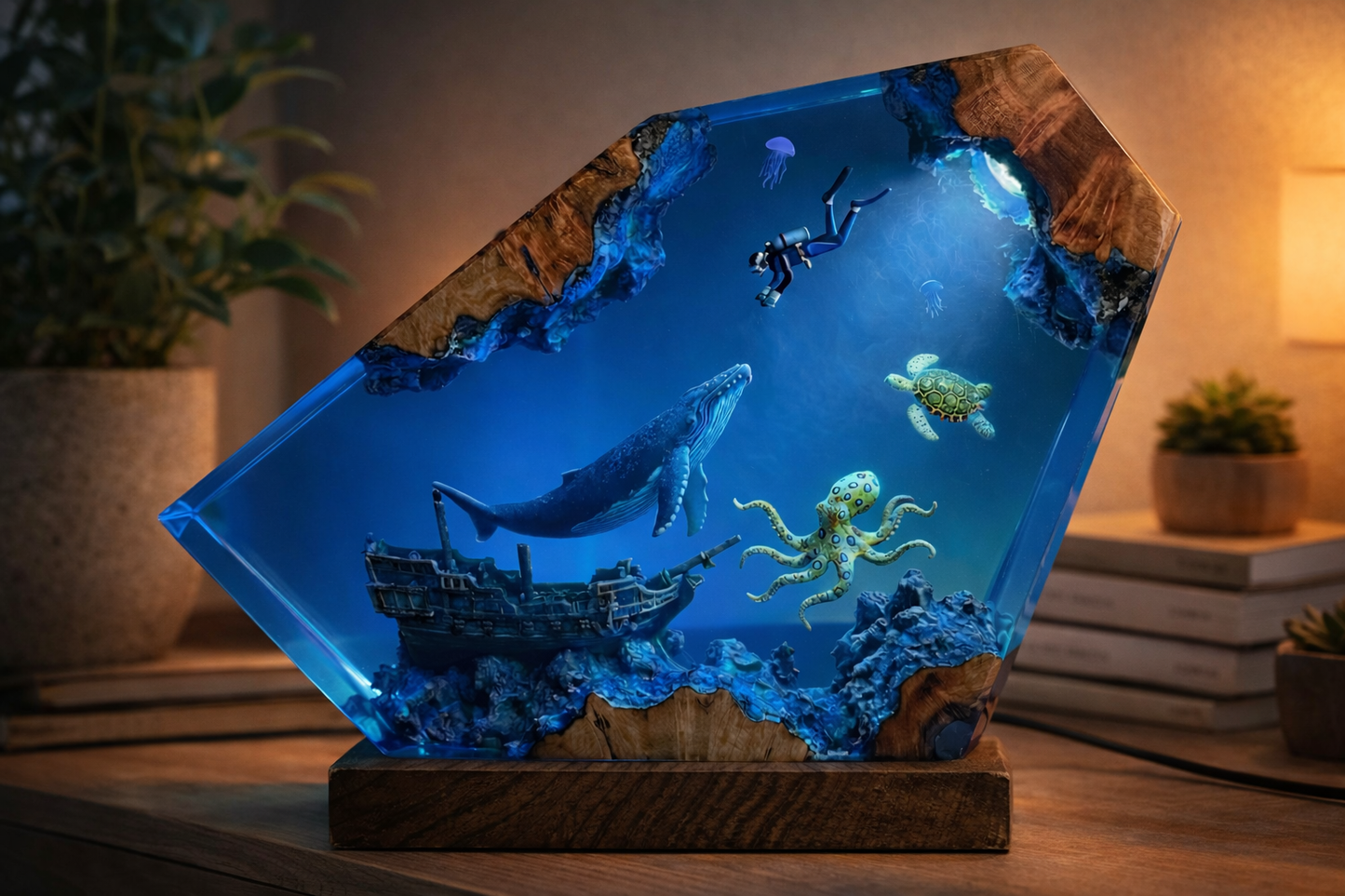 Deep Ocean Adventure Resin Lamp – Handmade Whale Night Light & Coastal Decor
