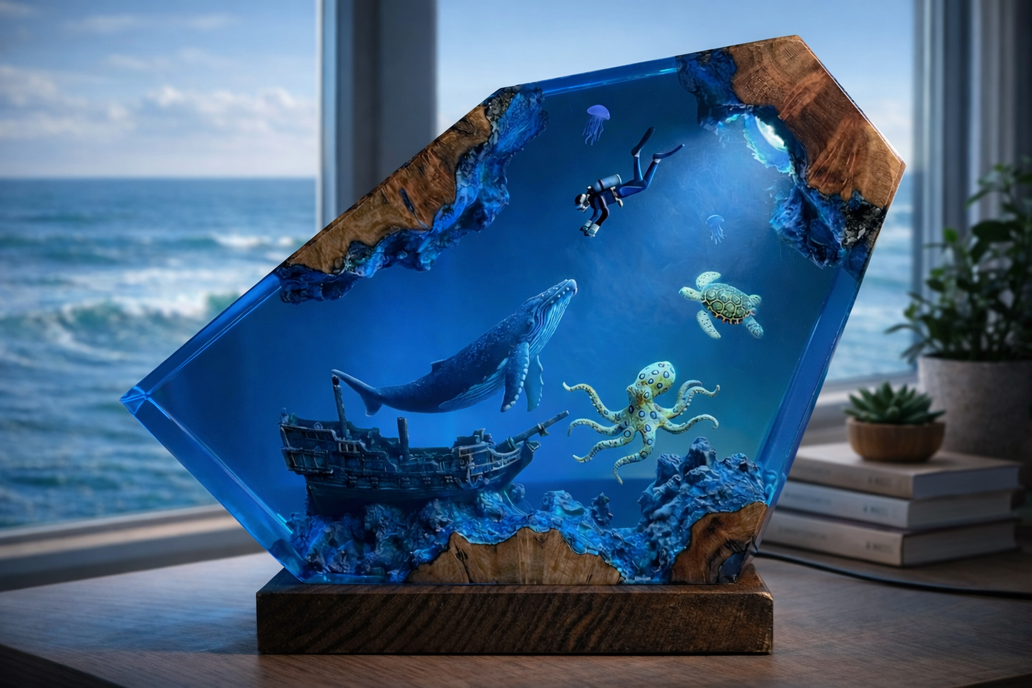 Deep Ocean Adventure Resin Lamp – Handmade Whale Night Light & Coastal Decor