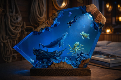 Deep Ocean Adventure Resin Lamp – Handmade Whale Night Light & Coastal Decor