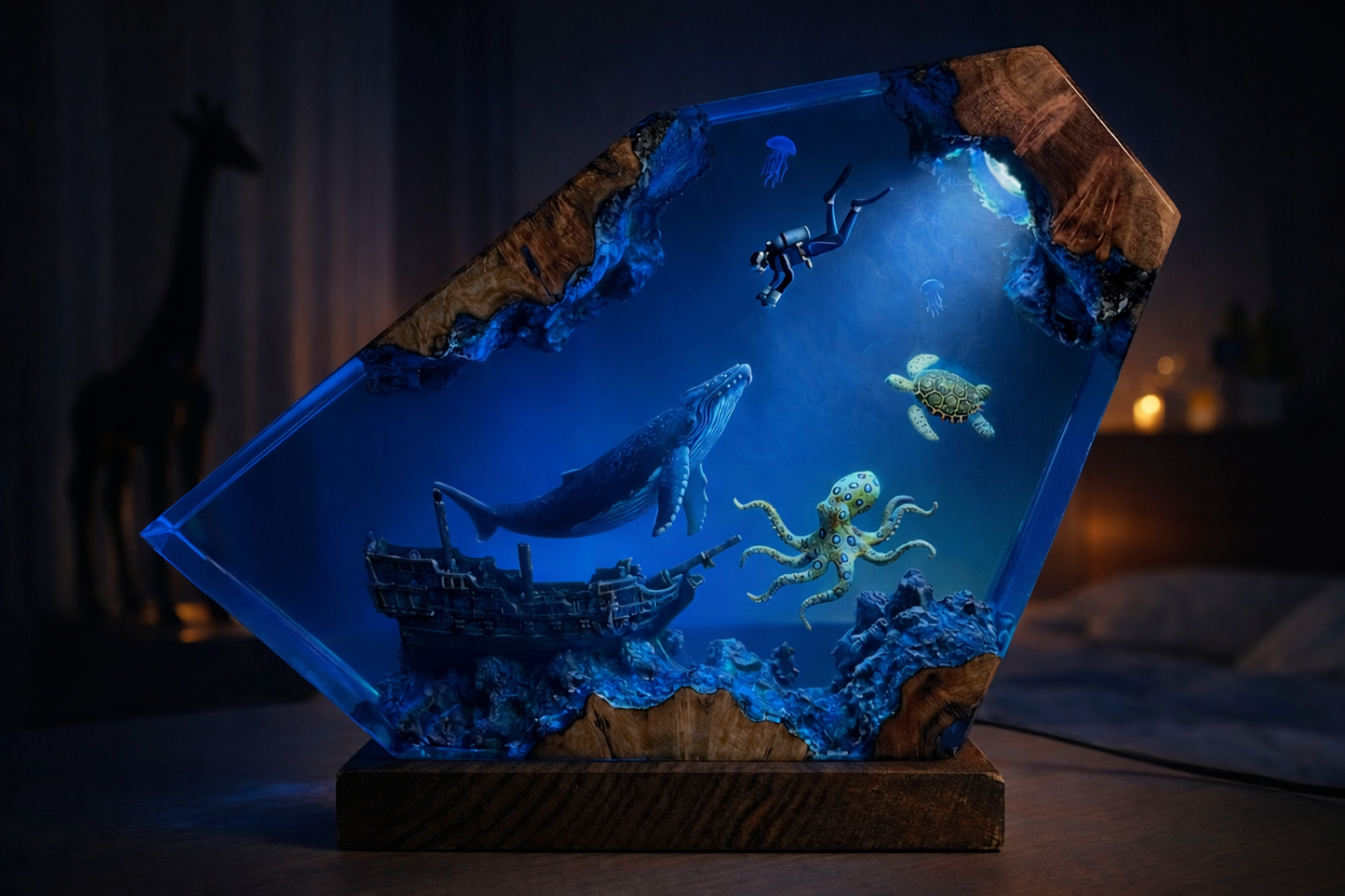 Deep Ocean Adventure Resin Lamp – Handmade Whale Night Light & Coastal Decor