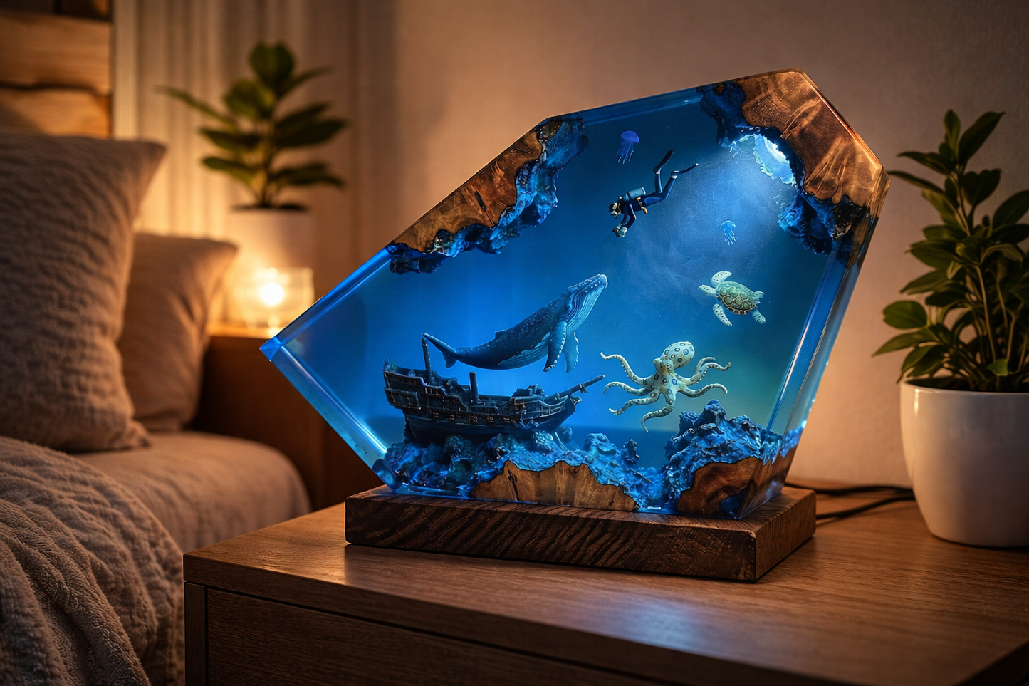 Deep Ocean Adventure Resin Lamp – Handmade Whale Night Light & Coastal Decor