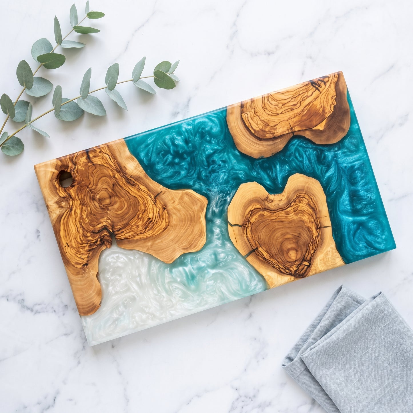 Handmade Ocean Resin Cutting Board – Olive Wood Epoxy Cheese Board – Beach Wave Charcuterie Board – Coastal Kitchen Decor Gift