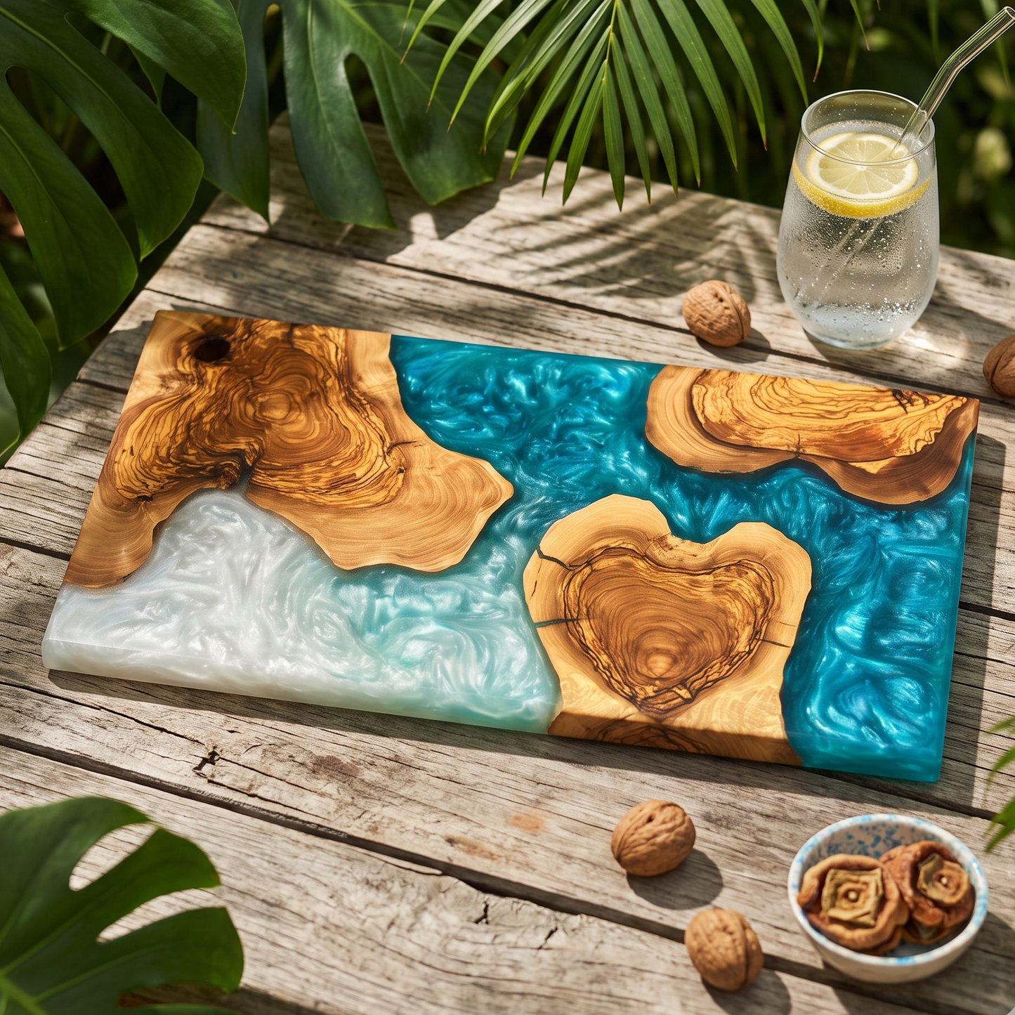 Handmade Ocean Resin Cutting Board – Olive Wood Epoxy Cheese Board – Beach Wave Charcuterie Board – Coastal Kitchen Decor Gift
