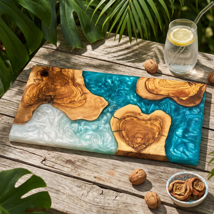 Handmade Ocean Resin Cutting Board – Olive Wood Epoxy Cheese Board – Beach Wave Charcuterie Board – Coastal Kitchen Decor Gift