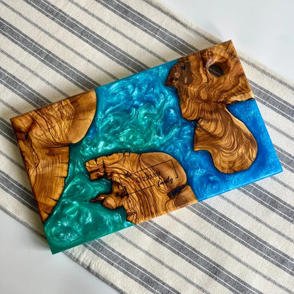 Handmade Ocean Resin Cutting Board – Olive Wood Epoxy Cheese Board – Beach Wave Charcuterie Board – Coastal Kitchen Decor Gift