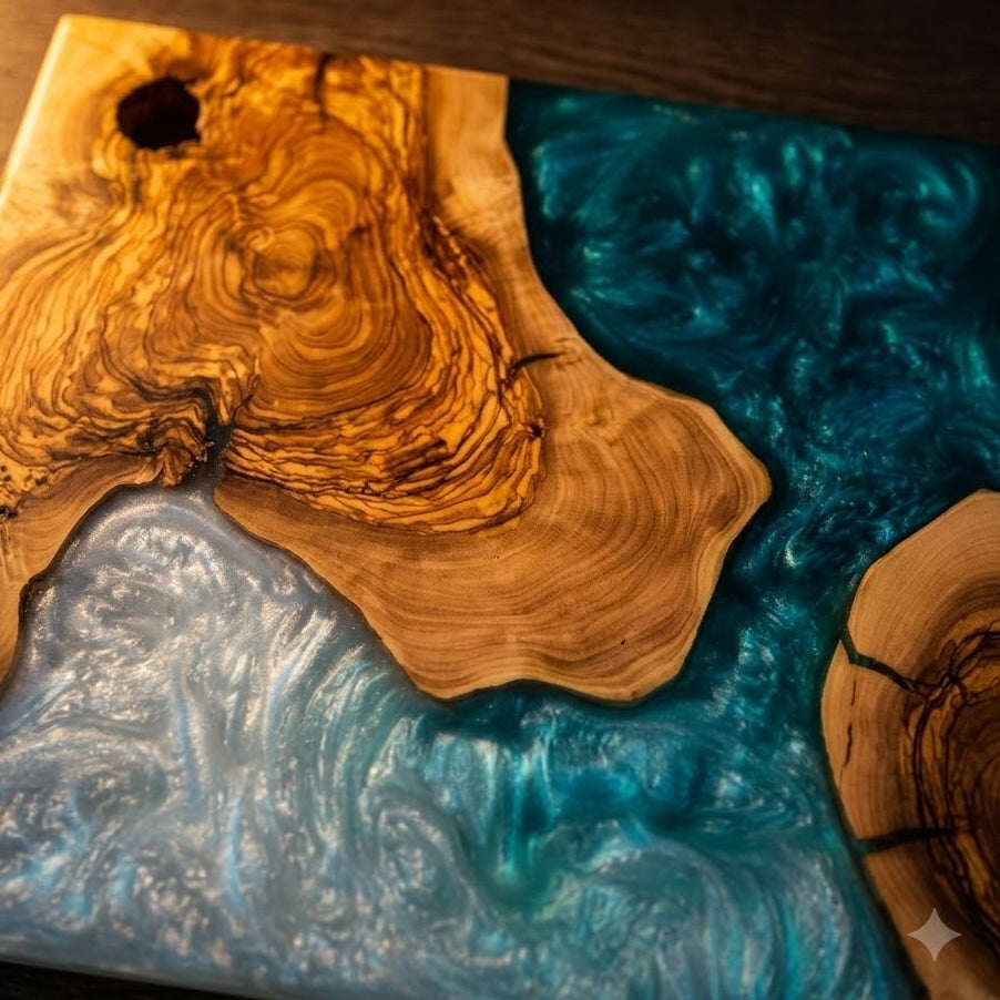 Handmade Ocean Resin Cutting Board – Olive Wood Epoxy Cheese Board – Beach Wave Charcuterie Board – Coastal Kitchen Decor Gift