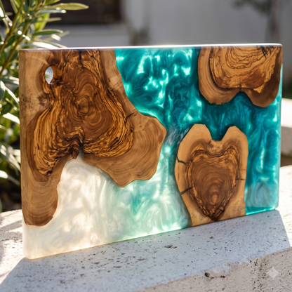 Handmade Ocean Resin Cutting Board – Olive Wood Epoxy Cheese Board – Beach Wave Charcuterie Board – Coastal Kitchen Decor Gift