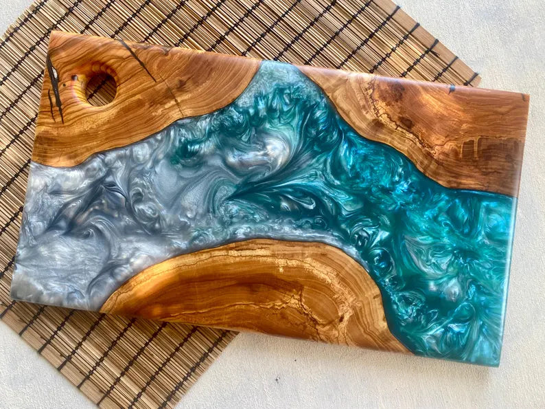 Handmade Ocean Resin Cutting Board – Olive Wood Epoxy Cheese Board – Beach Wave Charcuterie Board – Coastal Kitchen Decor Gift