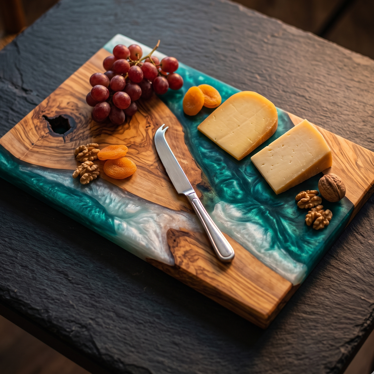 Handmade Ocean Resin Cutting Board – Olive Wood Epoxy Cheese Board – Beach Wave Charcuterie Board – Coastal Kitchen Decor Gift