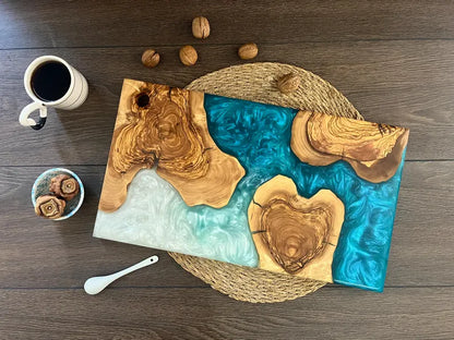 Handmade Ocean Resin Cutting Board – Olive Wood Epoxy Cheese Board – Beach Wave Charcuterie Board – Coastal Kitchen Decor Gift