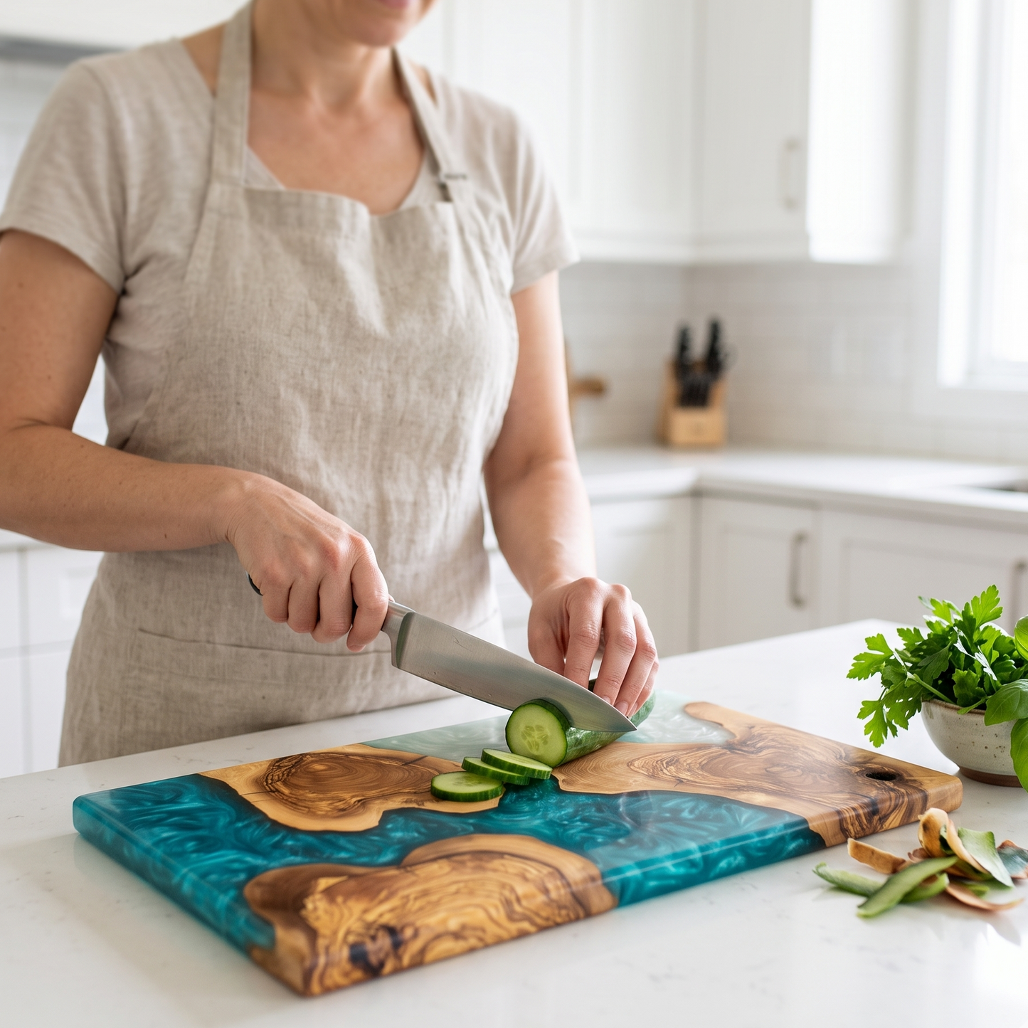 Handmade Ocean Resin Cutting Board – Olive Wood Epoxy Cheese Board – Beach Wave Charcuterie Board – Coastal Kitchen Decor Gift