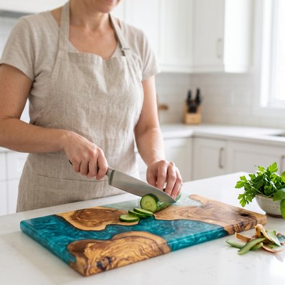 Handmade Ocean Resin Cutting Board – Olive Wood Epoxy Cheese Board – Beach Wave Charcuterie Board – Coastal Kitchen Decor Gift