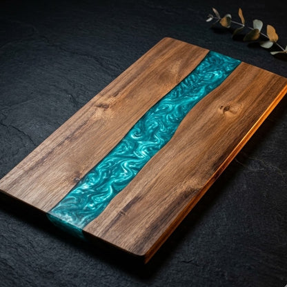 Handmade Walnut Resin River Serving Board – Epoxy Charcuterie Board for Kitchen & Entertaining